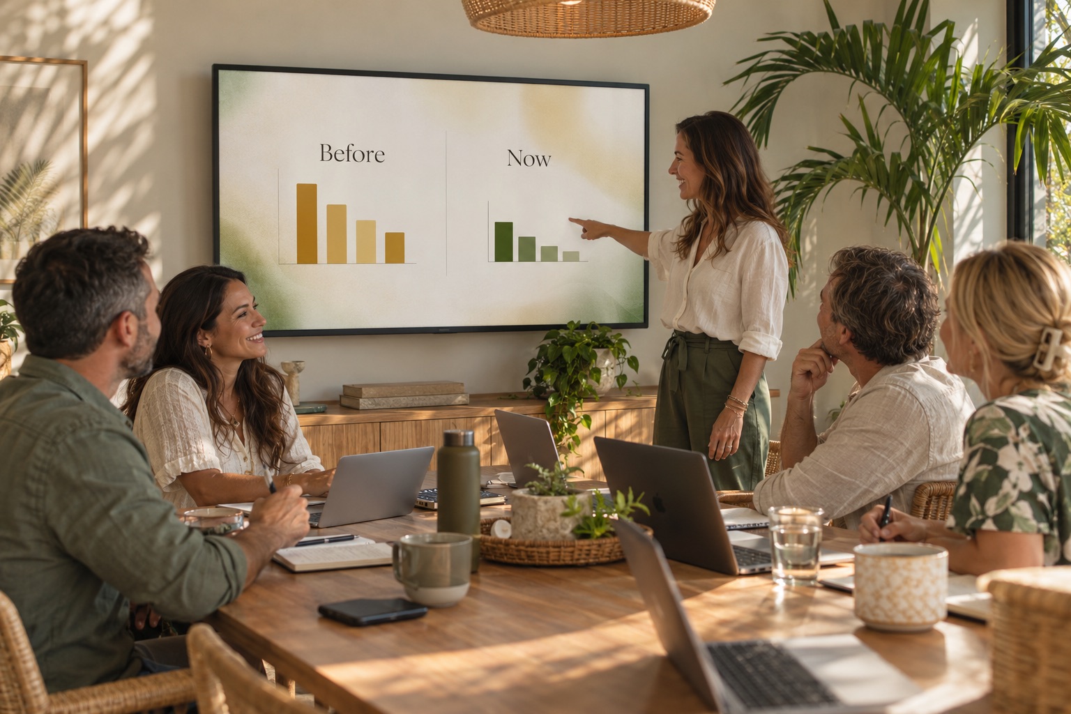 A team reviewing a before and now chart of their week on a screen.
