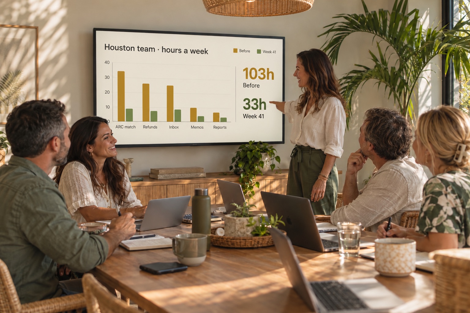 A team lead presenting the Houston team's hours, 103 a week before and 33 in Week 41, on a wall screen.