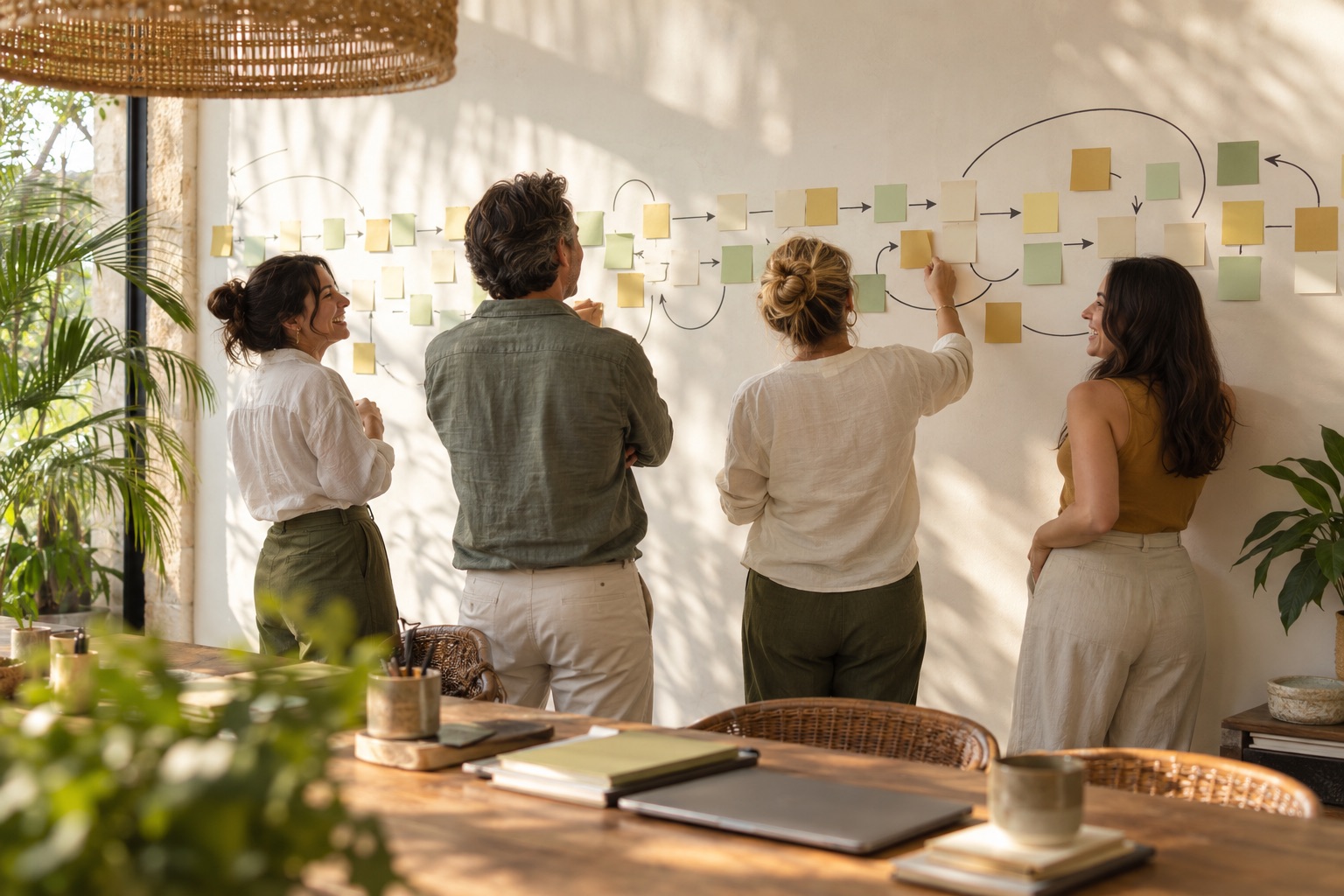 An operations team mapping their process on a wall of notes.