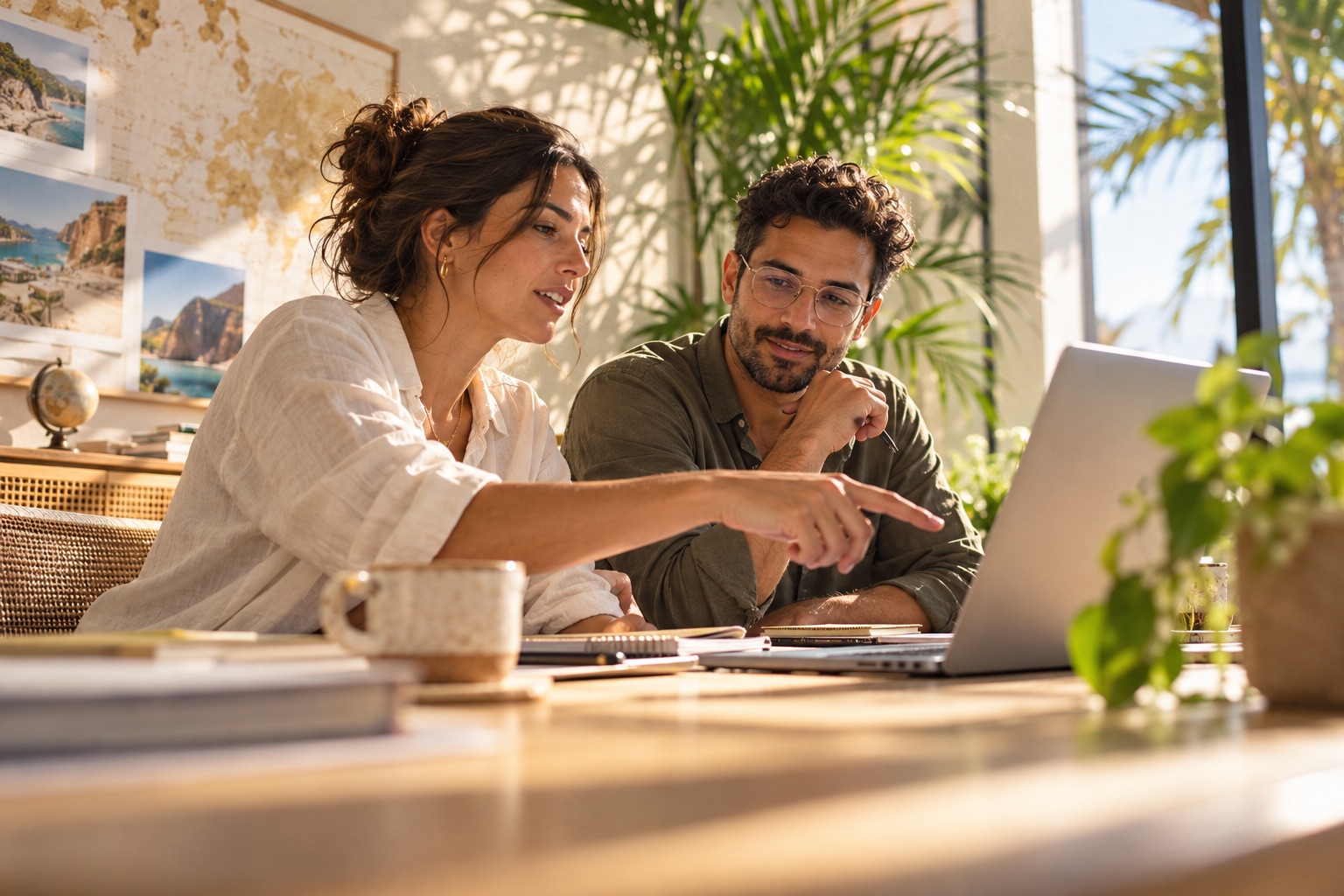 A travel agent and an accountant going through bookings at a shared desk.