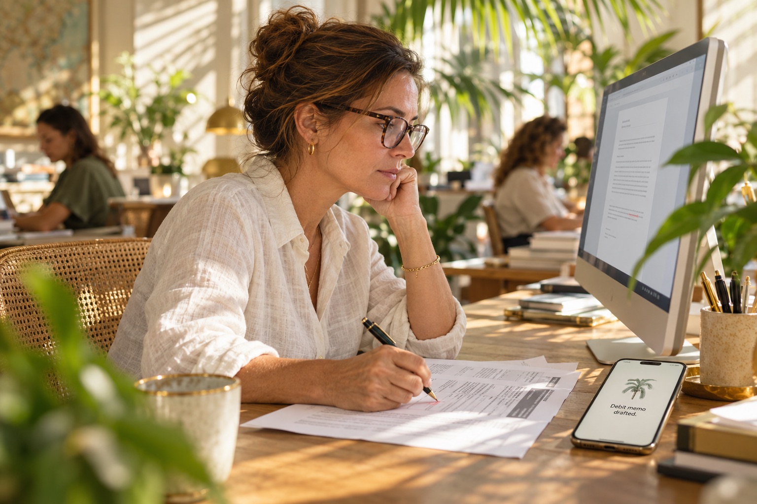 An accounting lead reading a drafted debit memo dispute at her desk.