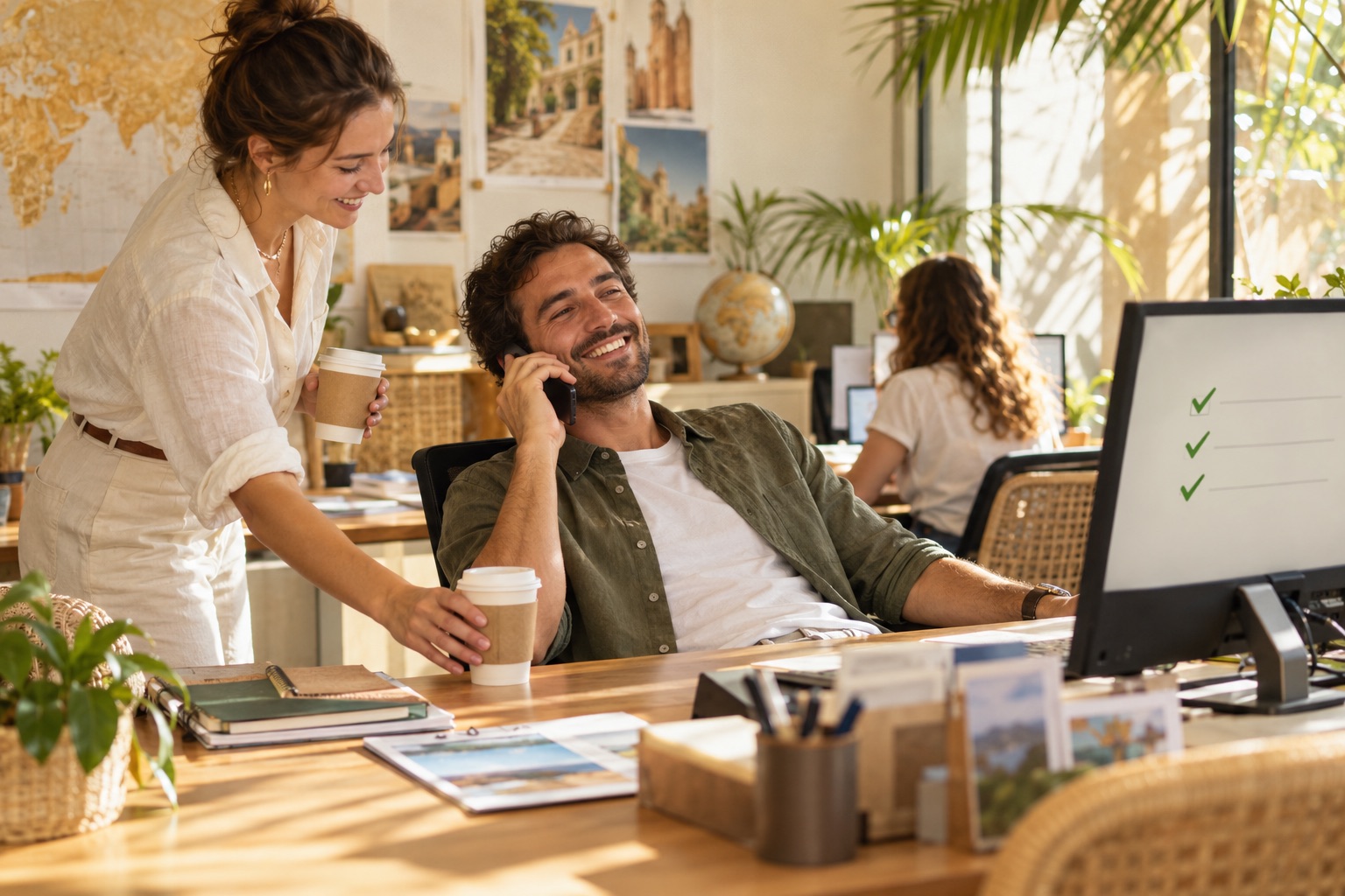 A travel advisor laughing on a call while a colleague brings coffee.