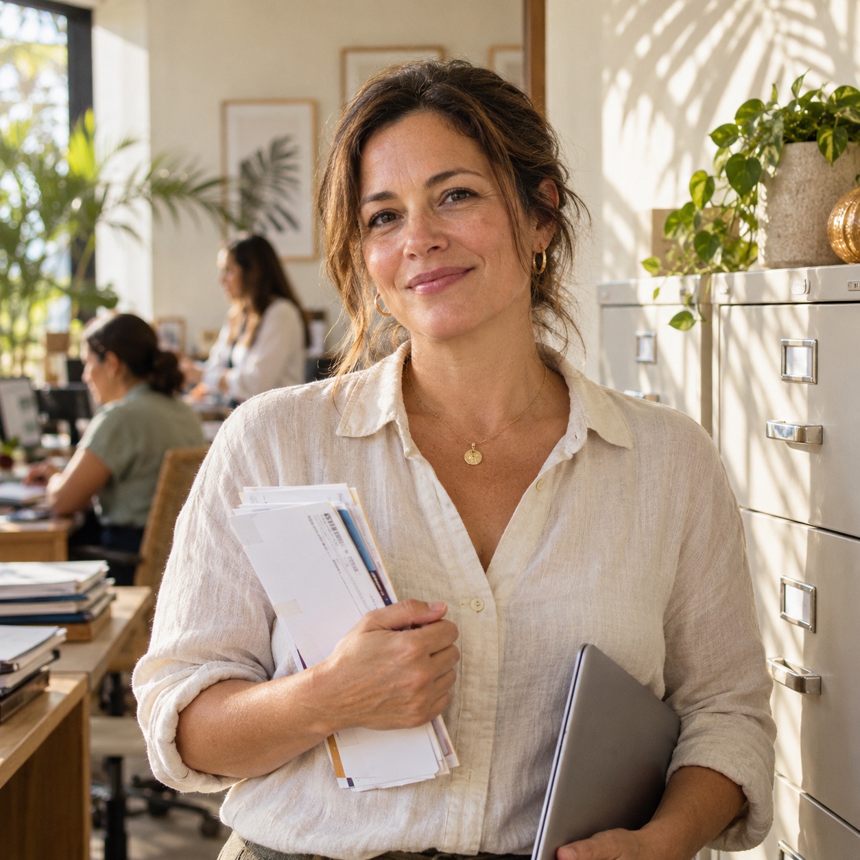 An accounting lead holding a stack of statements in the agency office.