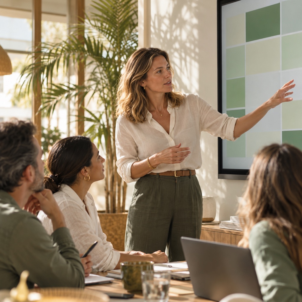 An operations leader talking with colleagues at a large wall screen.