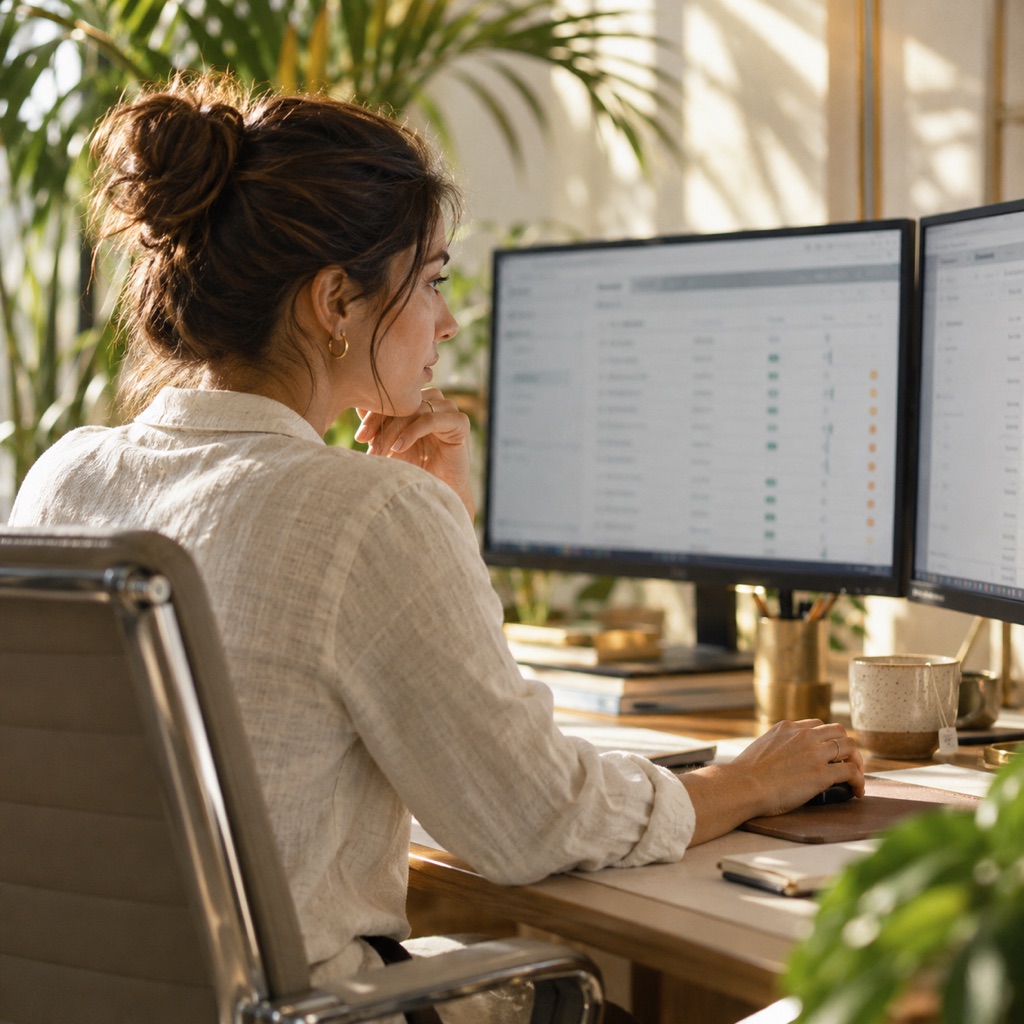 An IT security lead reviewing access settings on two monitors.