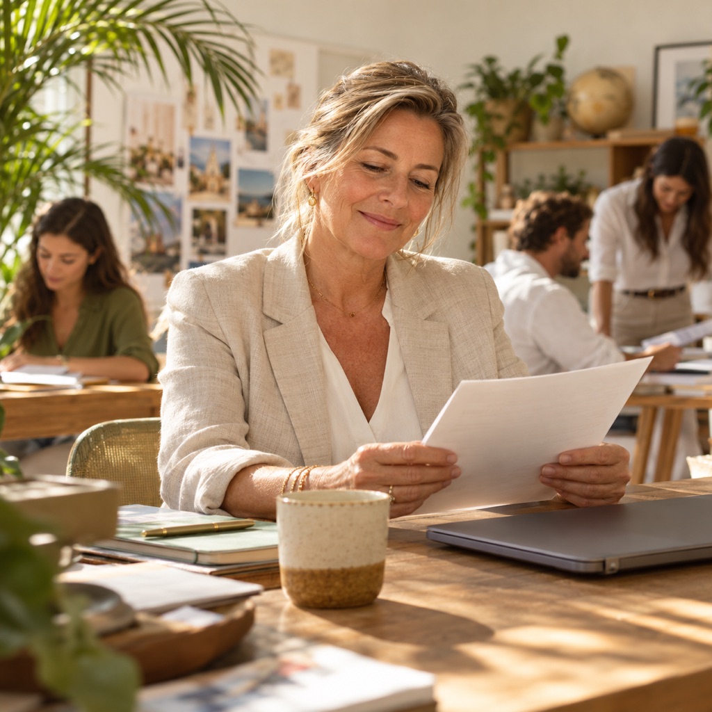 An agency owner reading a short weekly summary at her desk.