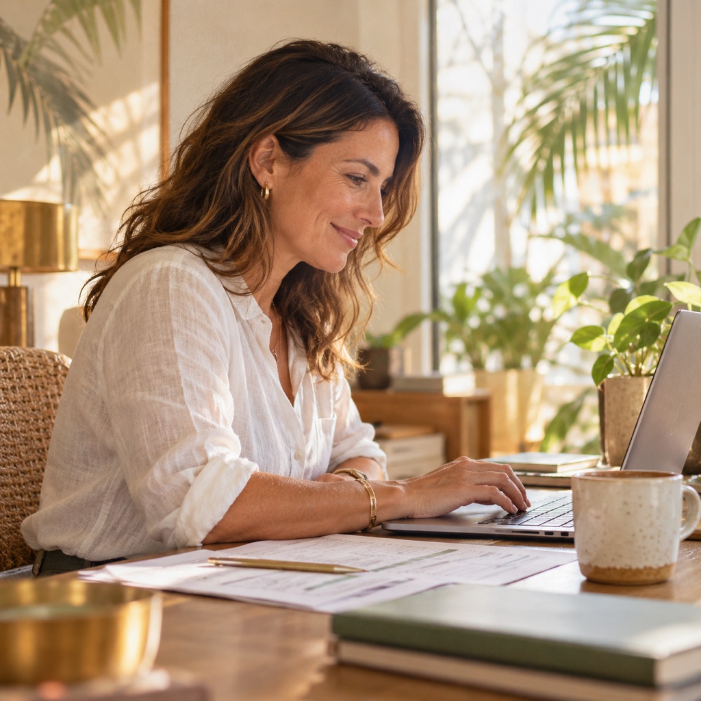 An accounting lead approving an item on her laptop.
