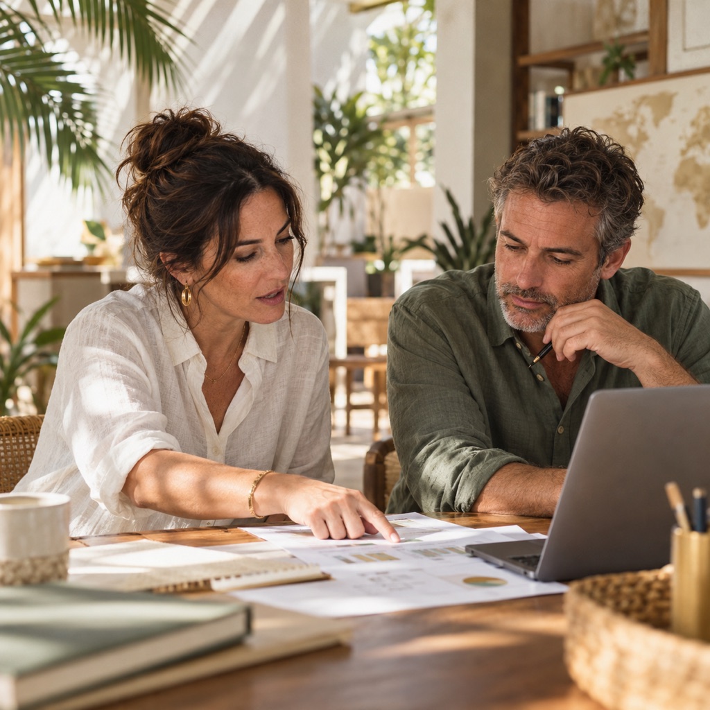 Two branch managers comparing a printed branch report with a laptop.